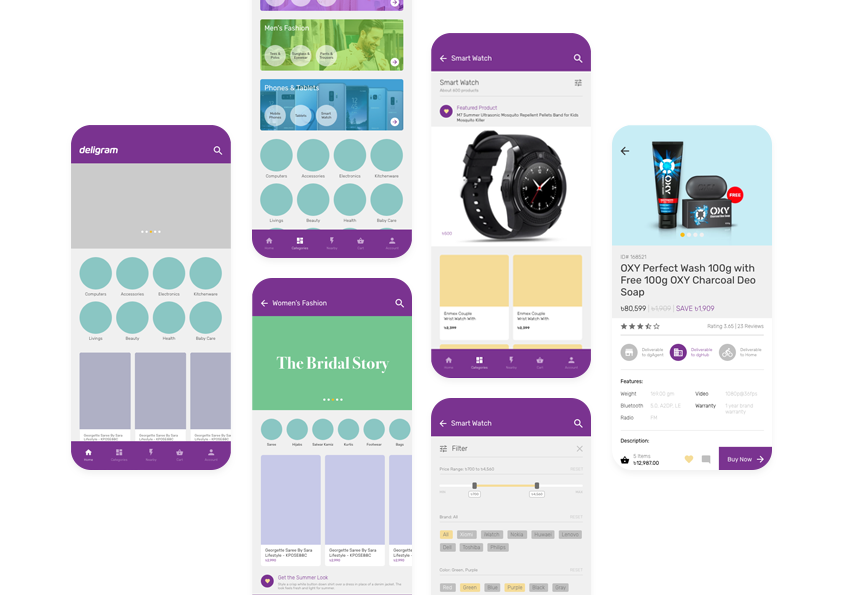Deligram mobile-first screens: home, category browsing, product listing, product detail